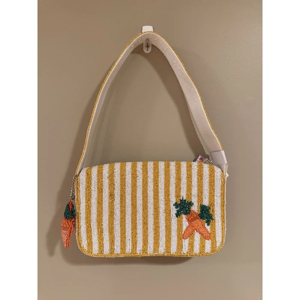 Handcrafted in India Flower Truck Butterfly Beaded Bag‎ White NWT
